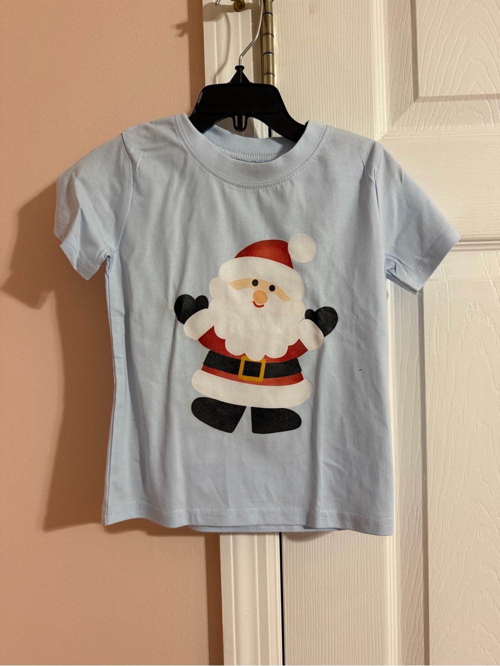 Light Blue Kids Santa Graphic Tee - Holiday Short Sleeve